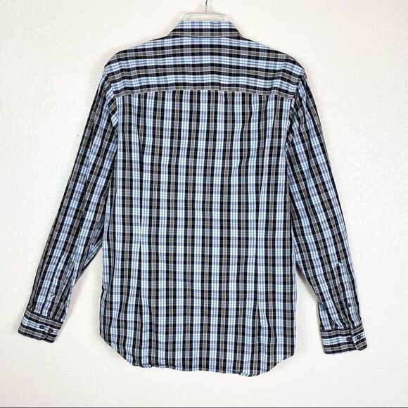 Perry Ellis Black Blue & White Plaid Slim Fit Button Up Shirt - Picture 2 of 3